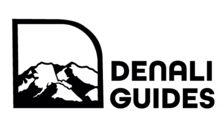 Logo of Denali Guides with mountain silhouette and bold text.